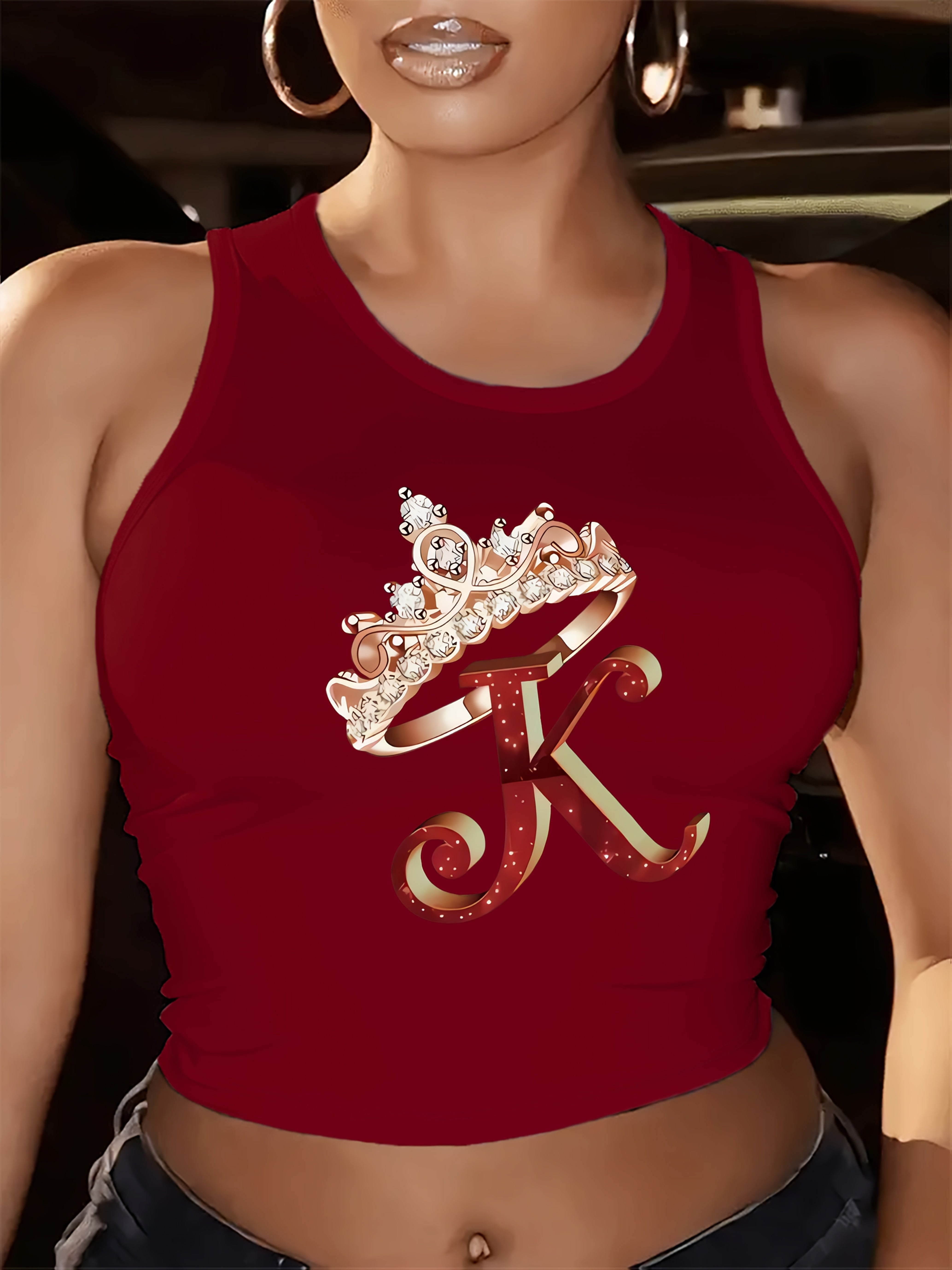 Chic Maroon Sleeveless Tank Top for Women with Crown & "K" Design - Casual Crew Neck, Breathable Polyester Blend, Perfect for Spring/Summer